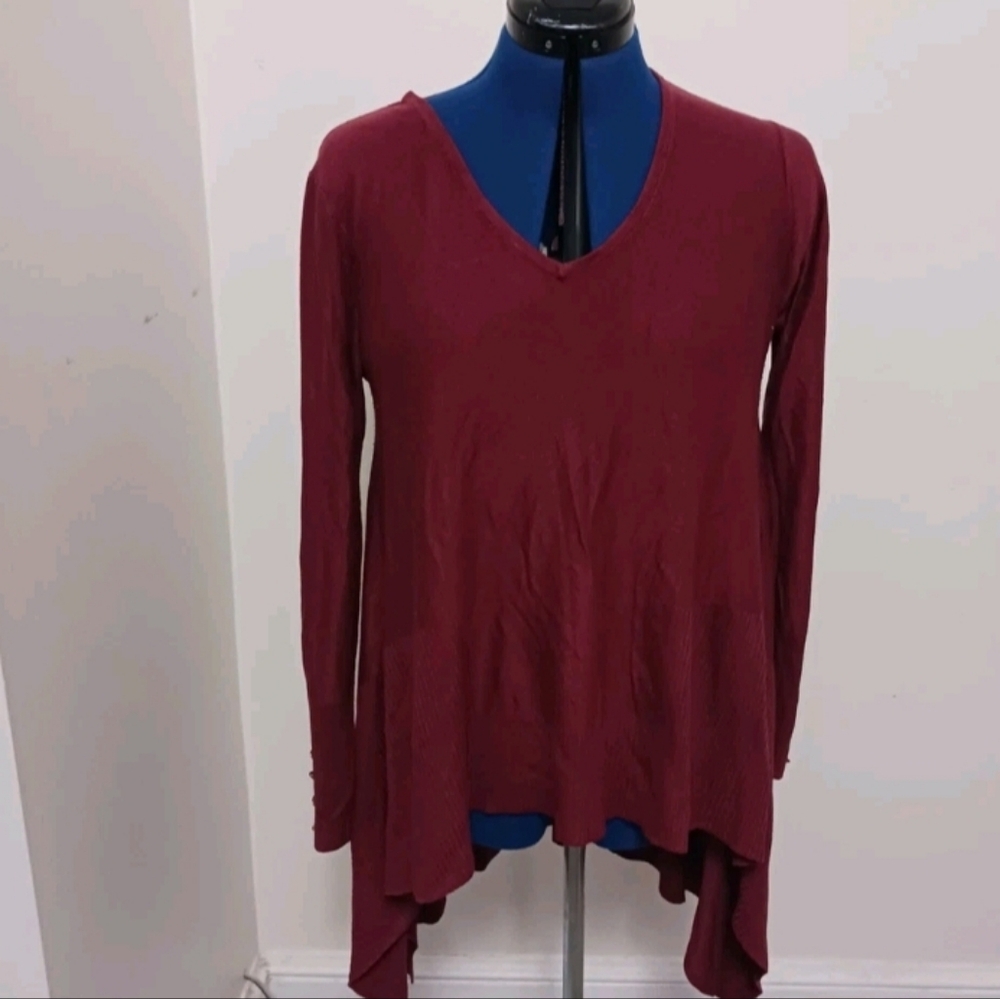 Cupio Sweater  Large Draped Pullover High Low Hem Maroon V Neck Flowy Long